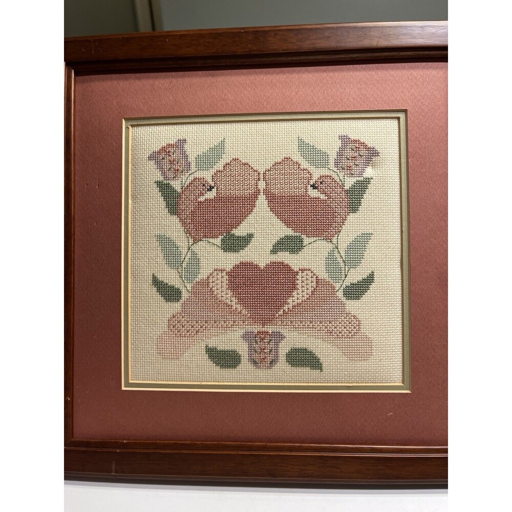 Brides Quilt Pink Birds Hearts Cross Stitch Wall Art Framed 14x14”